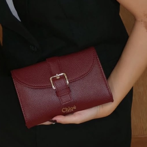 CHLOE Burgundy Pebbled Leather Wallet with Gold Buckle - Picture 5 of 5